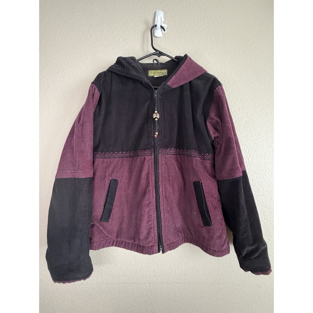 Vintage Y2K Macha MT Plum Black Corduroy Hooded Jacket Boho  L Elfcore 100Cotton
